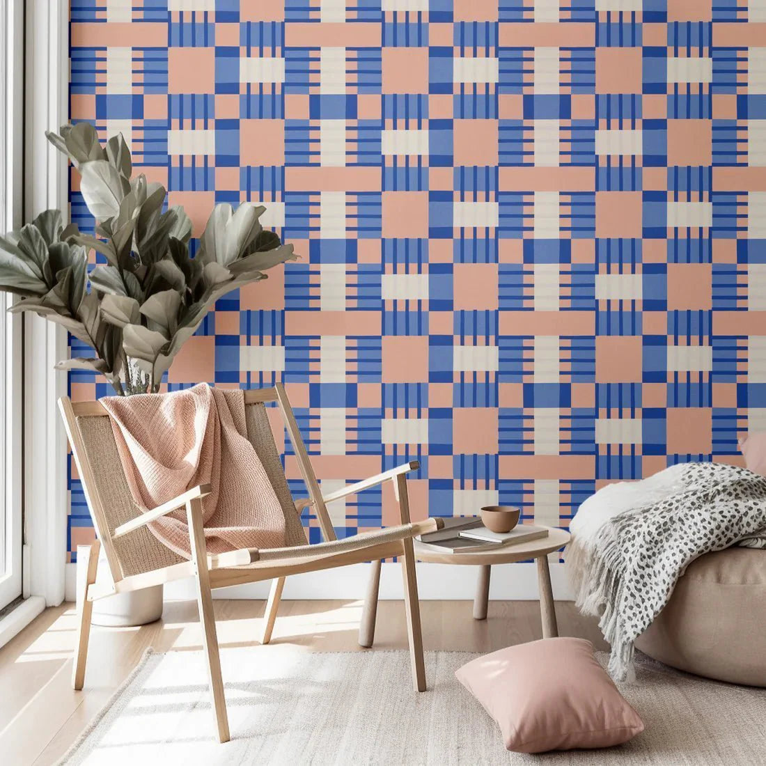 Behang Play at Slaep -  Blocks Blink - Sabine van Vessem Behang Play at Slaep -  Blocks Blink - Sabine van Vessem Behang. Geblokt grafisch behang in blauw en licht oranje