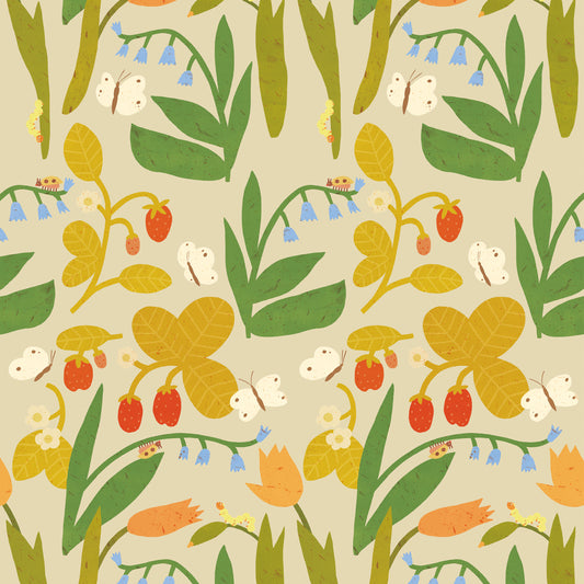 Strawberry Field – Pale Beige Wallpaper by Lotte Dirks | Into the Flowerfields Collection