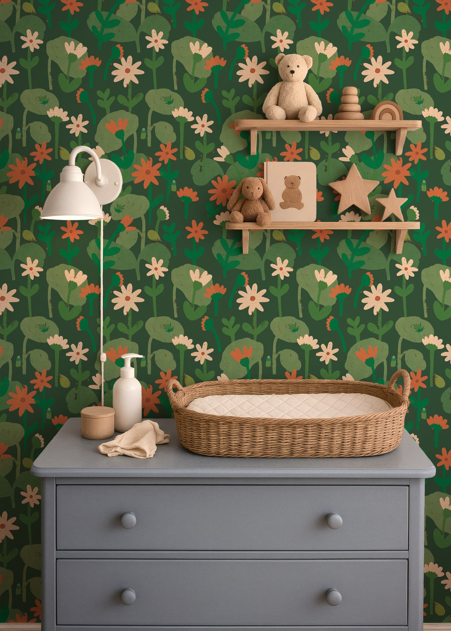Blooming daisies – Forest green Wallpaper by Lotte Dirks | Into the Flowerfields Collection