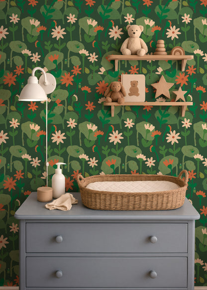 Blooming daisies – Forest green Wallpaper by Lotte Dirks | Into the Flowerfields Collection