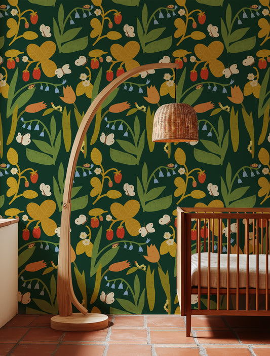 Strawberry Field – Dark Pine Wallpaper by Lotte Dirks | Into the Flowerfields Collection
