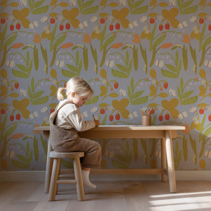 Strawberry Field – Grey Lavender Wallpaper by Lotte Dirks | Into the Flowerfields Collection