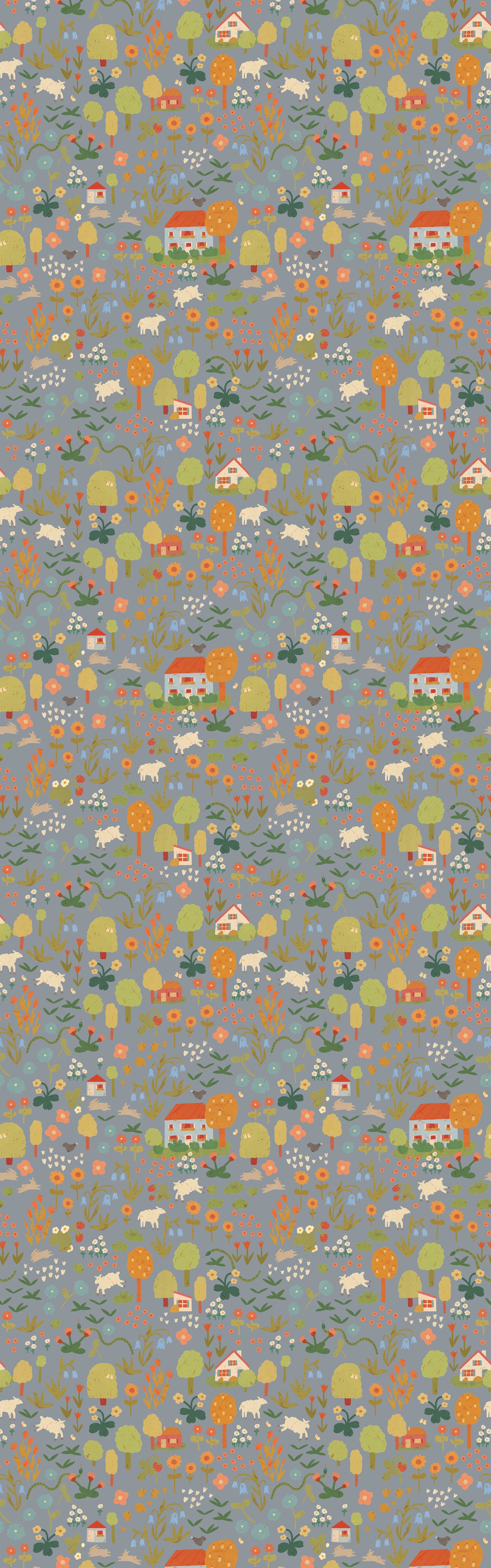 Gedetailleerde illustraties van huisjes, konijntjes en schaapjes op het Wildflower – Stone Blue behang van Lotte Dirks – perfect voor storytelling in kinderkamers