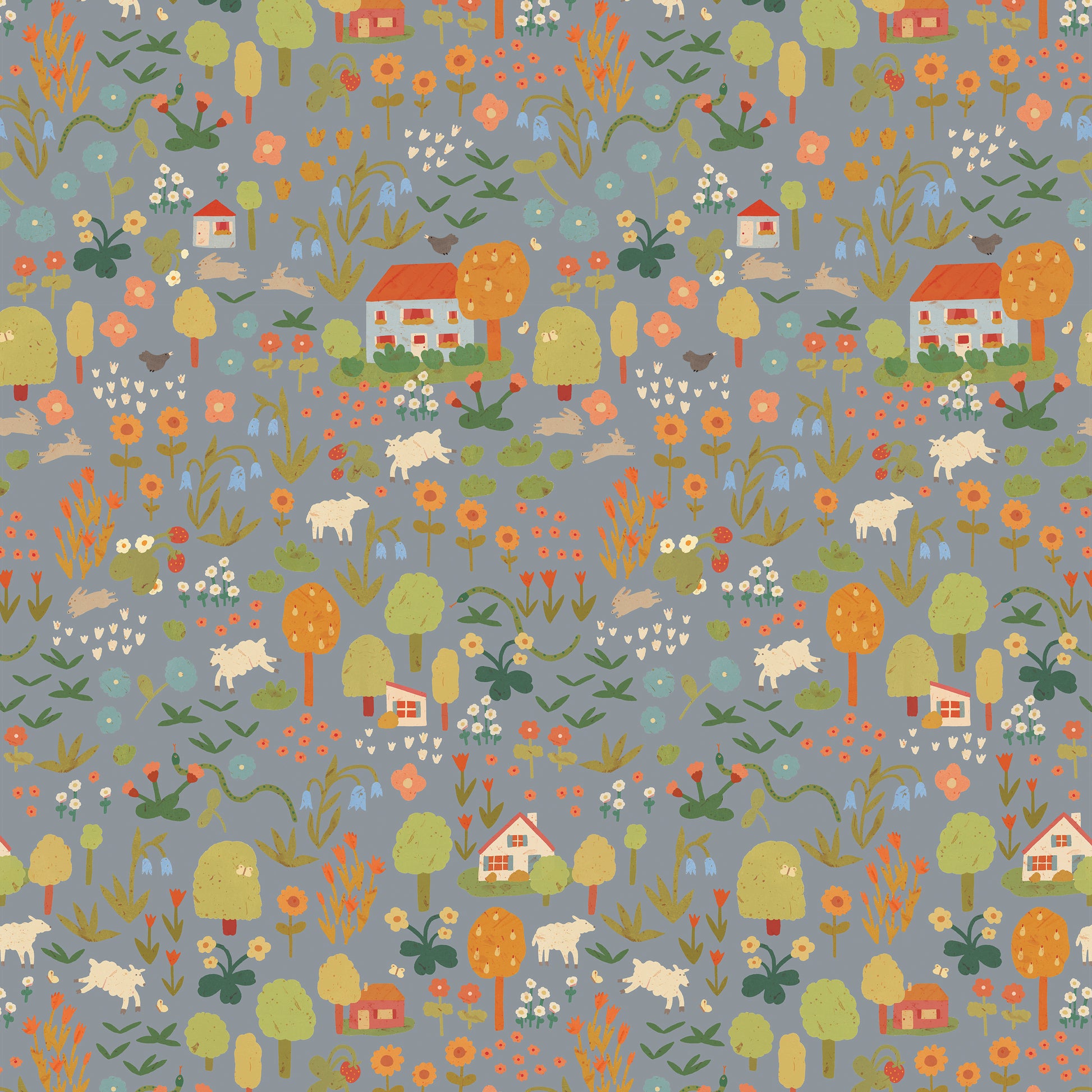 Close-up van Wildflower – Stone Blue kinderkamerbehang met handgetekende bloemen, dieren en bomen op een inktblauwe achtergrond – ontwerp door Lotte Dirks