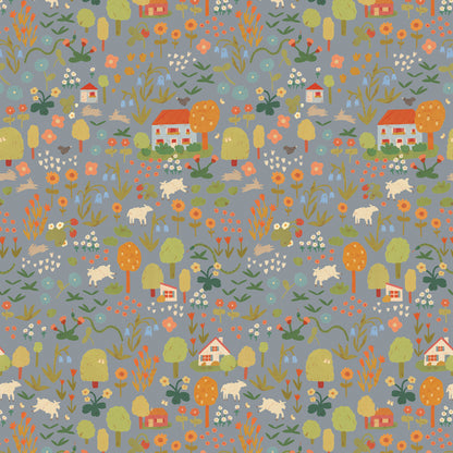 Close-up van Wildflower – Stone Blue kinderkamerbehang met handgetekende bloemen, dieren en bomen op een inktblauwe achtergrond – ontwerp door Lotte Dirks