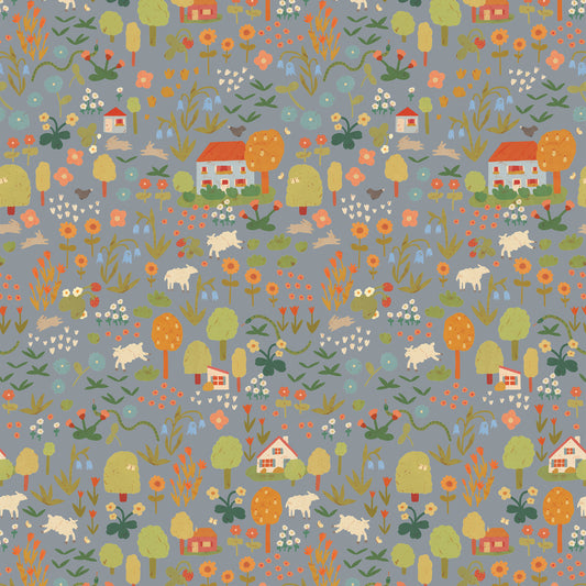 Close-up van Wildflower – Stone Blue kinderkamerbehang met handgetekende bloemen, dieren en bomen op een inktblauwe achtergrond – ontwerp door Lotte Dirks