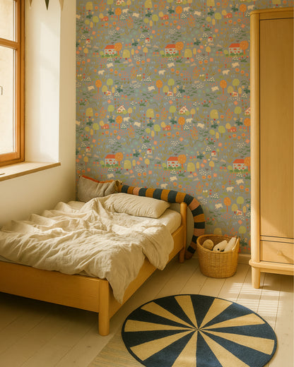 Wildflower – Stone Blue kinderbehang aan de muur in een sfeervolle kinderkamer – speels en educatief ontwerp met vintage illustraties