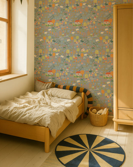Wildflower – Stone Blue kinderbehang aan de muur in een sfeervolle kinderkamer – speels en educatief ontwerp met vintage illustraties